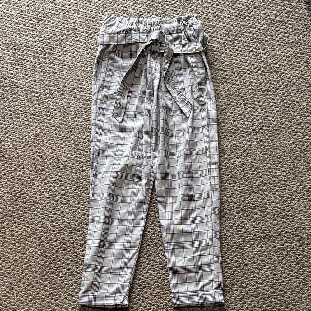 SO Women's Black and White Plaid Paperbag Pants